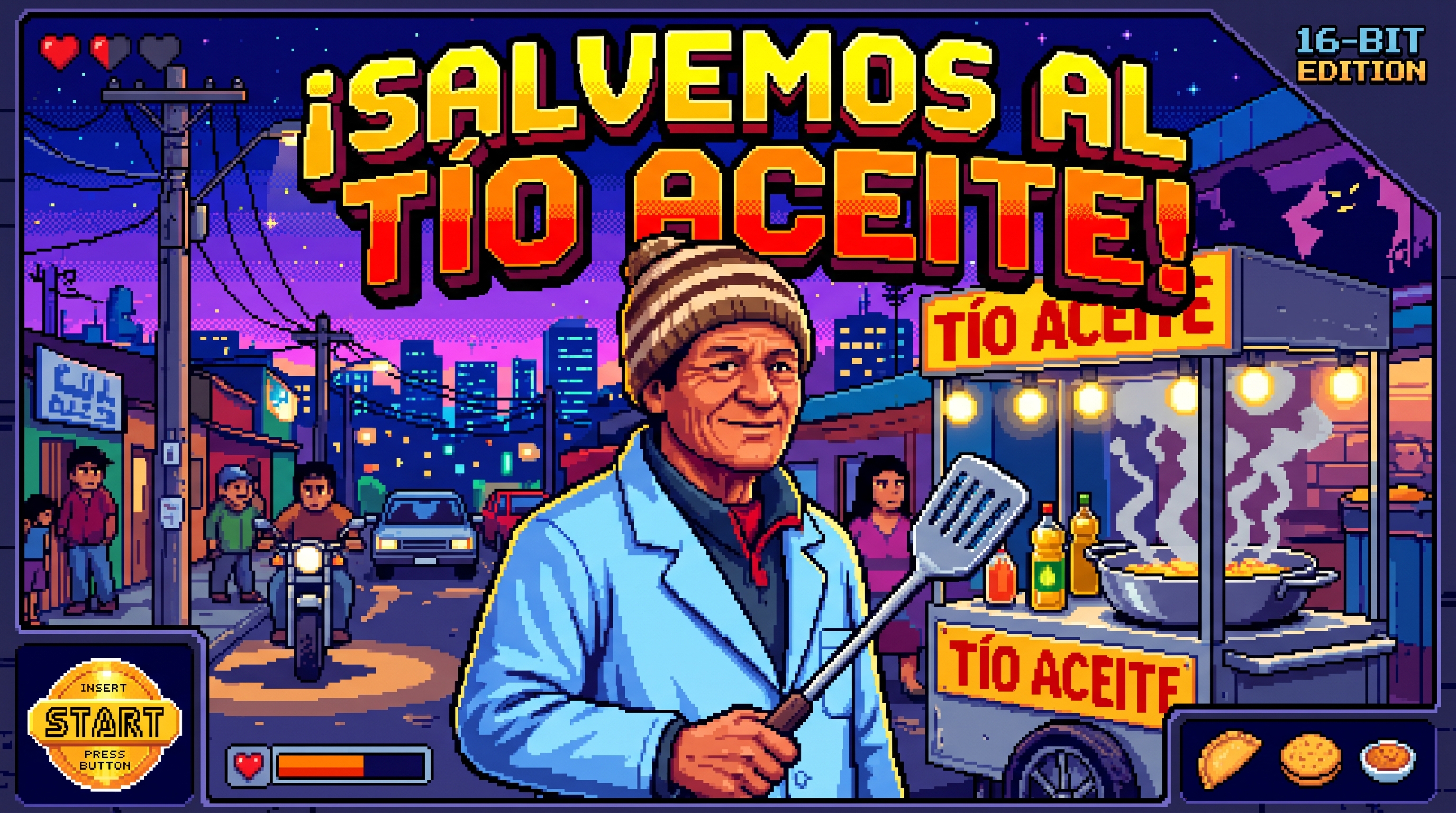 Videojuego 16-bit de Tío Aceite en La Serena friendo pescado en su carrito